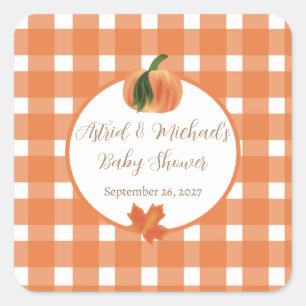 Sticker Carré Citrouille Orange En vichy Baby shower d'automne