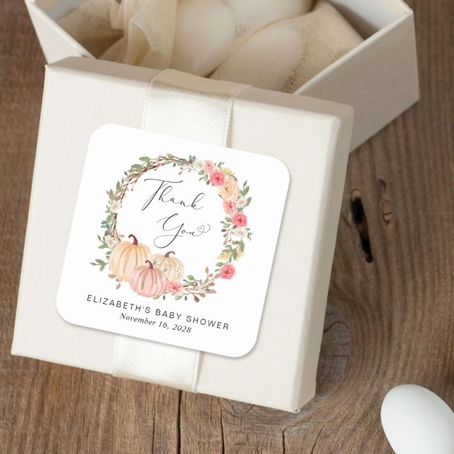 Sticker Carré Citrouille rose Floral fille Baby shower Merci (Créateur téléchargé)