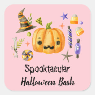 Sticker Carré Citrouille Spooktacular Halloween Bash Party rose