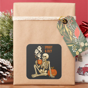 Sticker Carré Citrouille squelette cosy épouvantable café Hallow