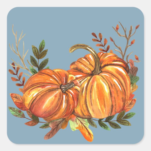 Sticker Carré Citrouilles d'automne bleu poussiéreux (Devant)