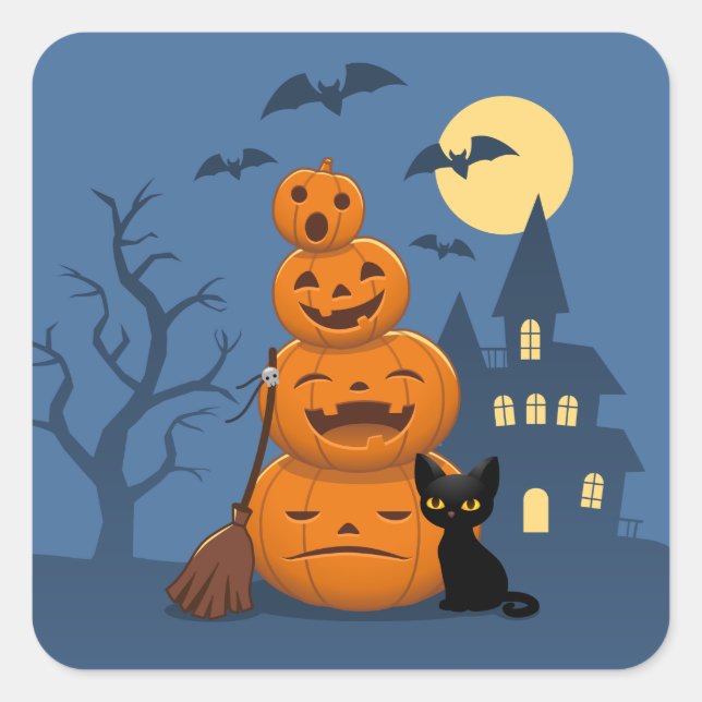 Sticker Carré Citrouilles d'Halloween et chat noir (Devant)