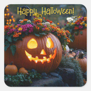 Sticker Carré Citrouilles d'Halloween sculptés décorés de fleurs