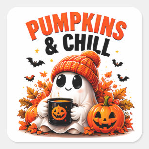 Sticker Carré Citrouilles Et Détente Drôle Fantôme Cosy Automne