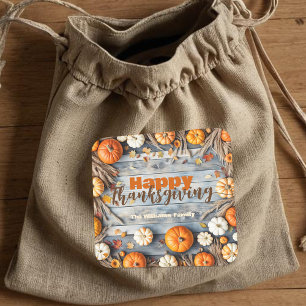 Sticker Carré Citrouilles et Feuilles d'automne sur Wood Thanksg