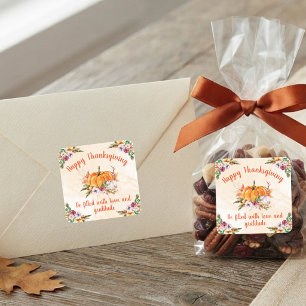 Sticker Carré Citrouilles et fleurs de Thanksgiving avec texte 1