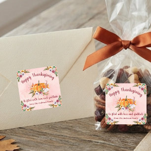 Sticker Carré Citrouilles et fleurs de Thanksgiving avec texte 2