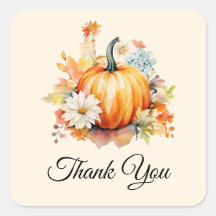 Sticker Carré Citrouilles orange et fleurs Merci d'automne