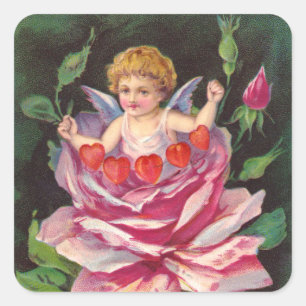 Sticker Carré Clapsaddle : Flower Cherub Rose