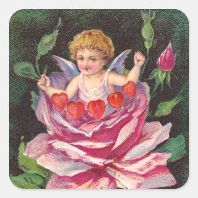Sticker Carré Clapsaddle : Flower Cherub Rose (Devant)