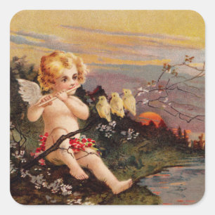 Sticker Carré Clapsaddle : Little Cherub with Flute and Birds