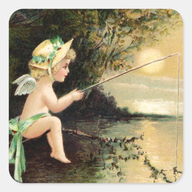 Sticker Carré Clapsaddle : Petit Cherub avec bâton de pêche (Devant)