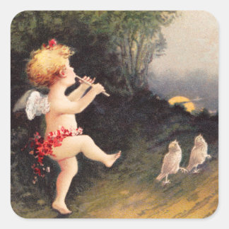 Sticker Carré Clapsaddle : Petit Cherub avec Flûte