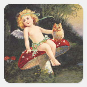 Sticker Carré Clapsaddle : Petit Cherub sur Champignons