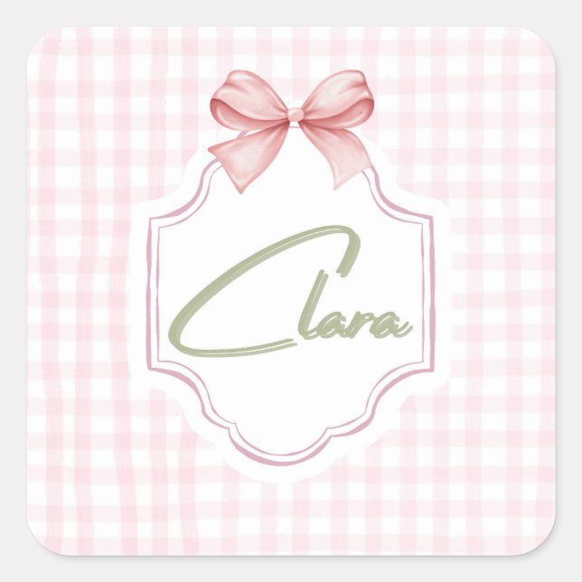 Sticker Carré Clara Baby Girl Nursery Bow&En vichy personnalisée (Devant)
