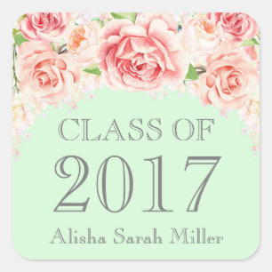 Sticker Carré Classe d'aquarelle rose Mint Graduation de 2017