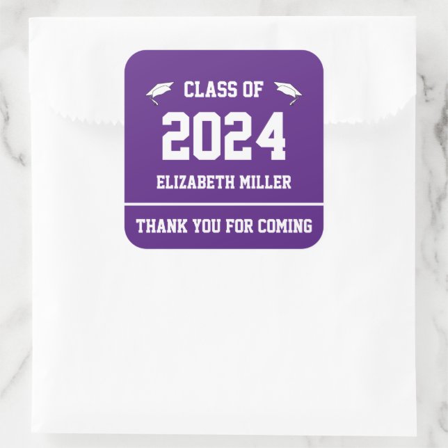 Sticker Carré Classe de 2024 Purple and White Graduation Favor (Sac)