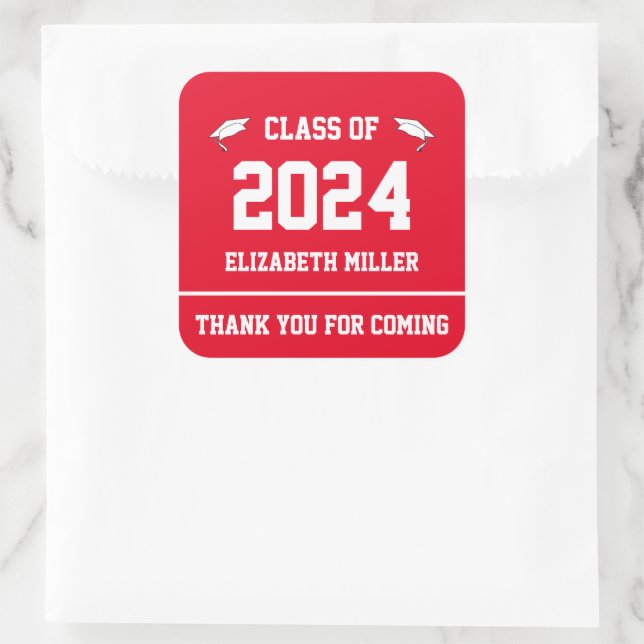 Sticker Carré Classe de 2024 Red and White Graduation Favor (Sac)