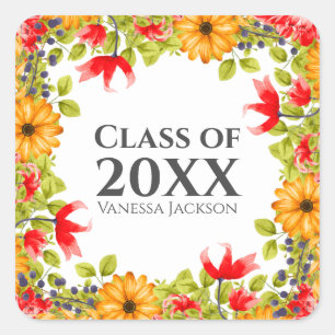 Sticker Carré Classe de 20XX Moderne brillant Floral Graduation