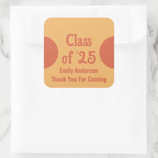 Sticker Carré Classe de '25 Orange Grad Name Merci Graduation (Sac)