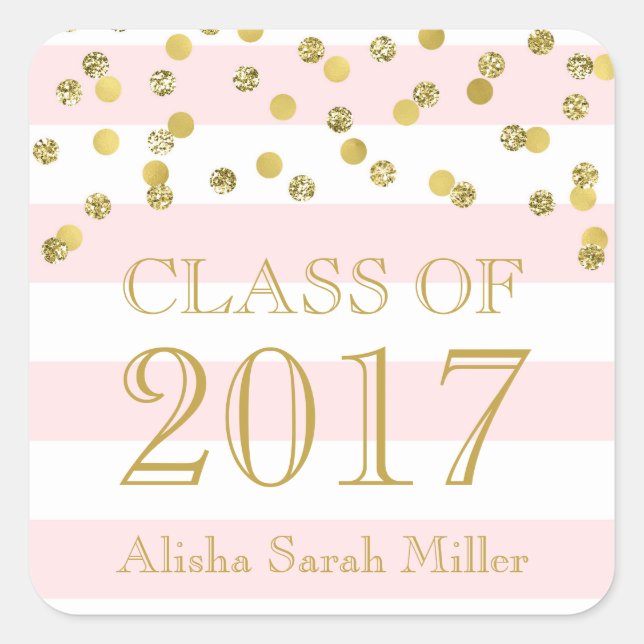 Sticker Carré Classe de Graduation Pink Stripe Gold Confetti de  (Devant)