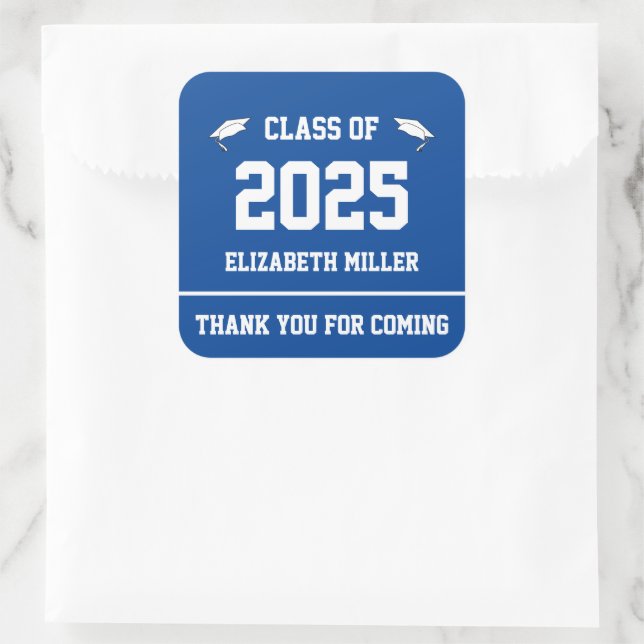 Sticker Carré Classe de Merci blanc et bleu profond 2025 Favor (Sac)