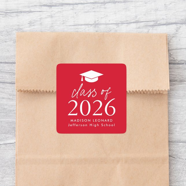 Sticker Carré Classe moderne de 2025 Script Red Graduation (Créateur téléchargé)