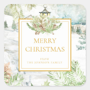 Sticker Carré Classic Gold Joyeux Noël Aquarelle Scène de neig