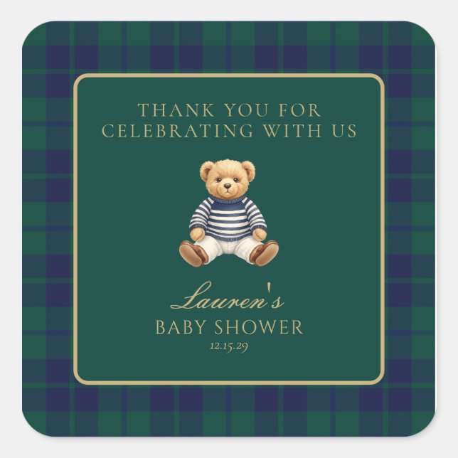 Sticker Carré Classic Green Navy Plaid Bear Baby Shower  (Devant)