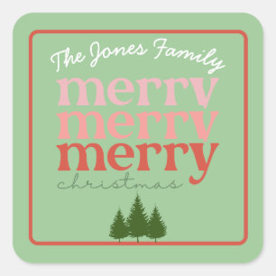 Sticker Carré Classic Joyeux Pins de Noël Arbres Vert Rouge Nom