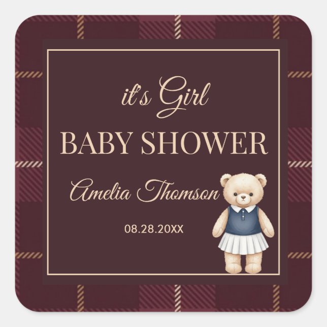 Sticker Carré Classic Polo Teddy Bear Preppy Plaid Baby Shower  (Devant)