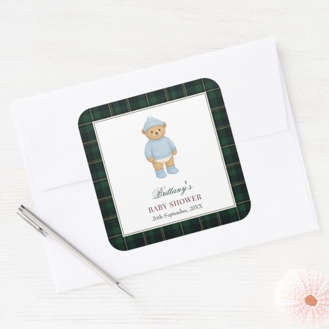 Sticker Carré Classic Preppy Bear Designer Plaid Baby Shower (Enveloppe)