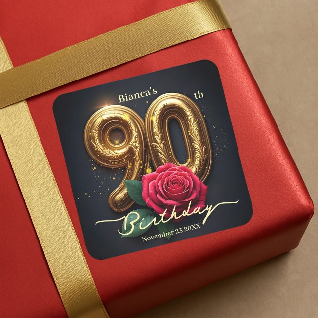 Sticker Carré Classieux Chic Rose Rouge Orné 90e Anniversaire (Créateur téléchargé)