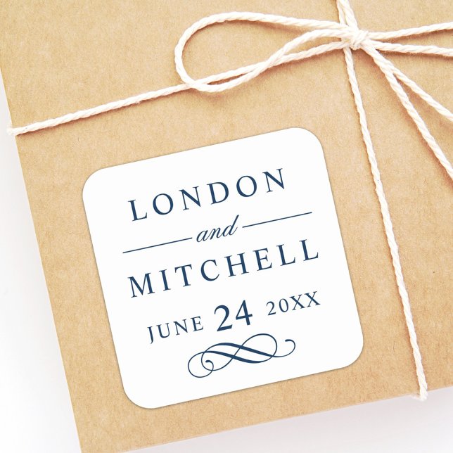 Sticker Carré Classique Élégant Bleu Marine Monogramme de Mariag (Créateur téléchargé)