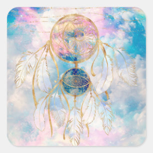Sticker Carré Classy Gold Dreamcatcher Rainbow Clouds Sky design