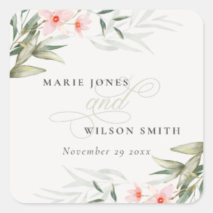 Sticker Carré Classy Rustic Blush Greenery Floral Bunch Mariage