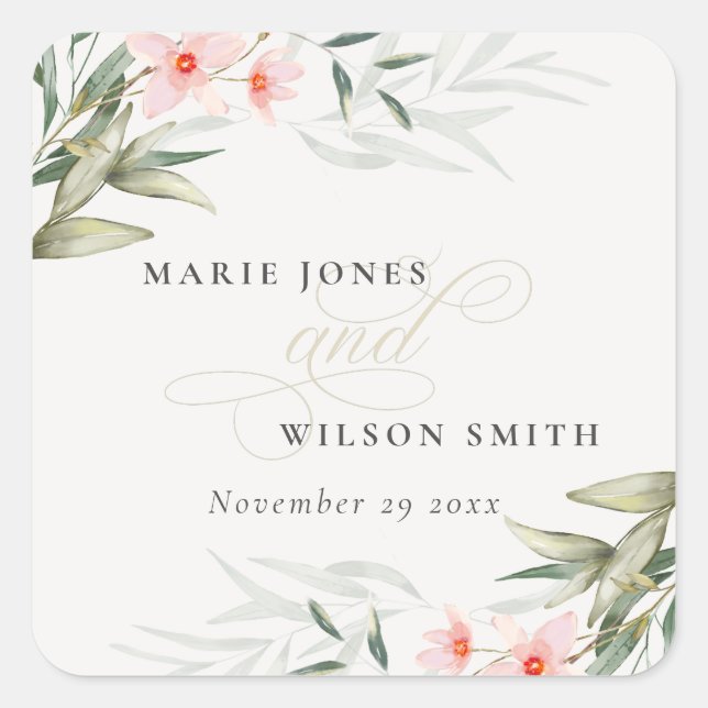 Sticker Carré Classy Rustic Blush Greenery Floral Bunch Mariage (Devant)