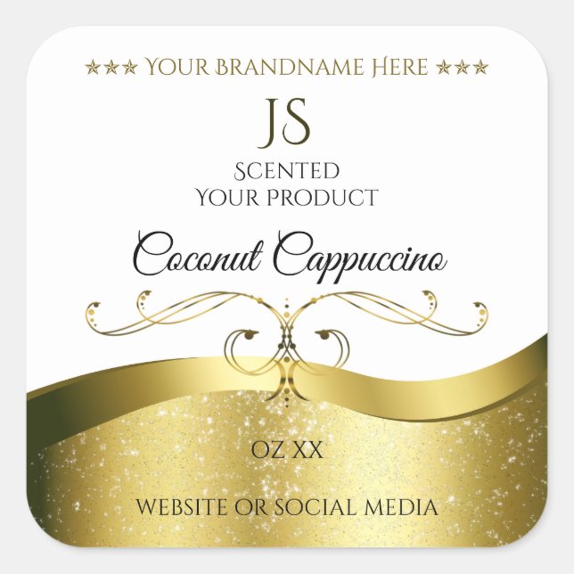 Sticker Carré Classy Wavy Gold Décor Clair Blanc Monogramme Étiq (Devant)