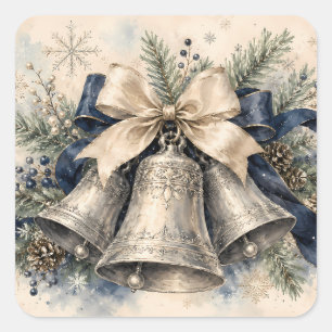 Sticker Carré Clochettes de Noël en argent élégantes à l'aquarel