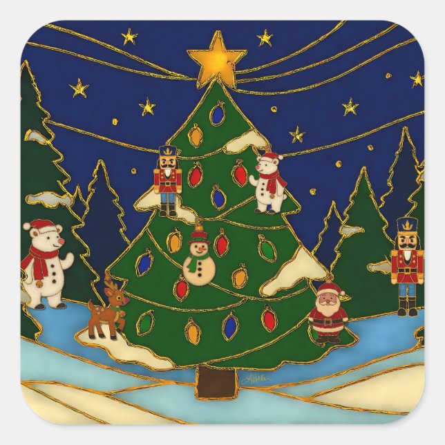 Sticker Carré Cloisonne Art Whimsical Forest Classic Christmas  (Devant)
