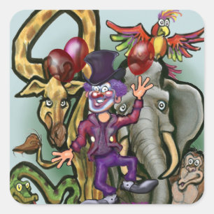 Sticker Carré Clown de cirque et animaux