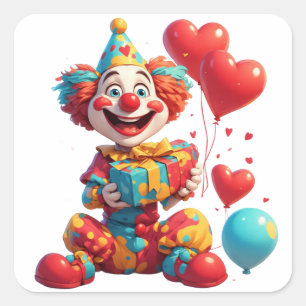 Sticker Carré Clown Joyeux Avec Ballons Et Cadeau 🎂