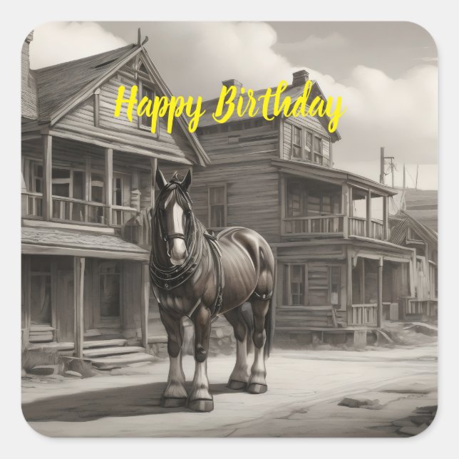 Sticker Carré Clydesdale cheval dans la ville fantôme (Devant)