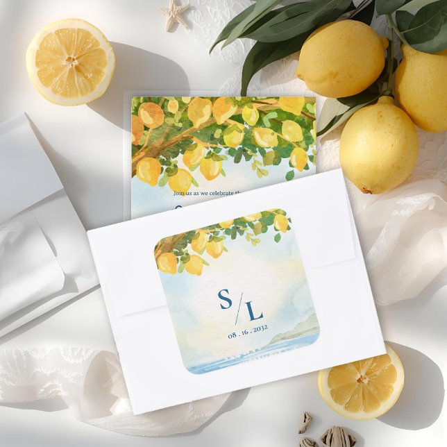 Sticker Carré Coastal Blue & Lemon Watercolor Monogram Wedding (Coastal Blue & Lemon Watercolor Monogram Wedding Square Sticker)