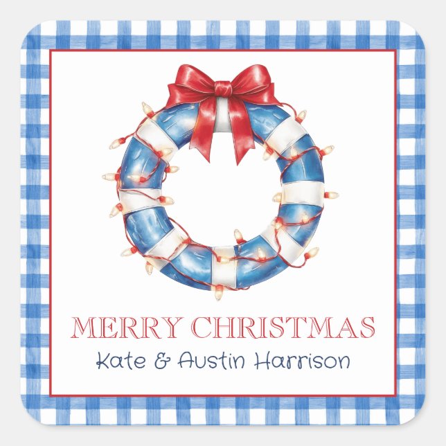 Sticker Carré Coastal Christmas Nautical Life Preserver Wreath (Devant)