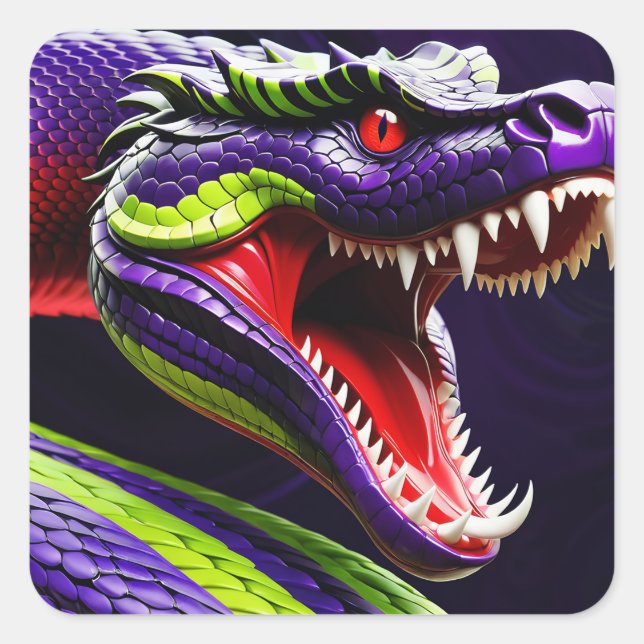 Sticker Carré Cobra serpent avec écailles vertes et violettes vi (Devant)