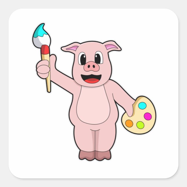 Sticker Carré Cochon à la peinture avec pinceau et couleur (Devant)