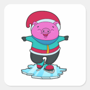 Sticker Carré Cochon à Patinage sur glace avec patins sur glace 