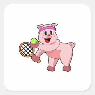 Sticker Carré Cochon au tennis avec raquette de tennis