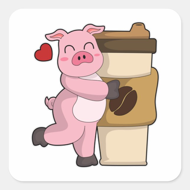 Sticker Carré Cochon avec café pour aller (Devant)
